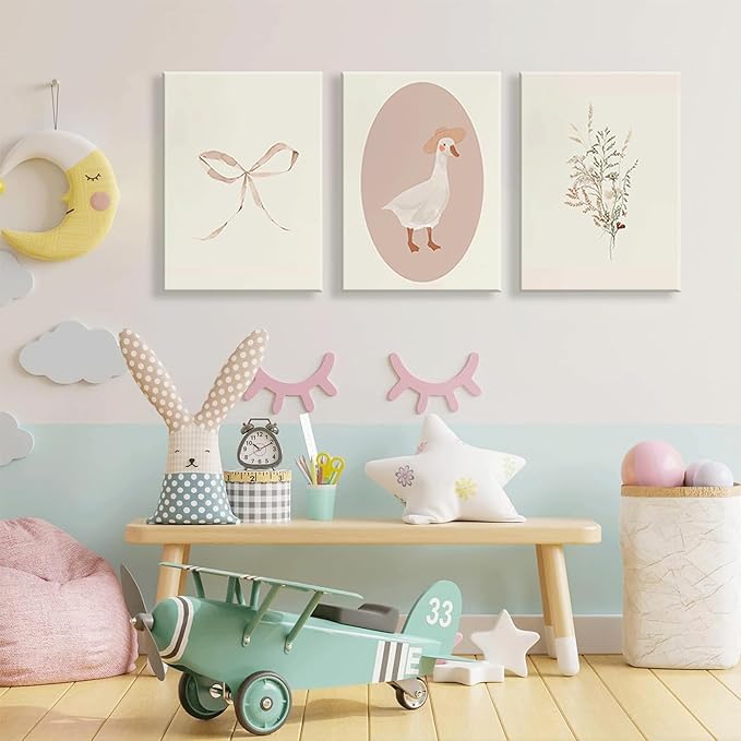 3Pcs Girls Nursery Canvas Wall Art Vintage Goose Wall Decor Pictures Pink Bow Poster Prints Kids Room Painting Artwork for Girls Room Bedroom Living Room Home Decoration,12x16in