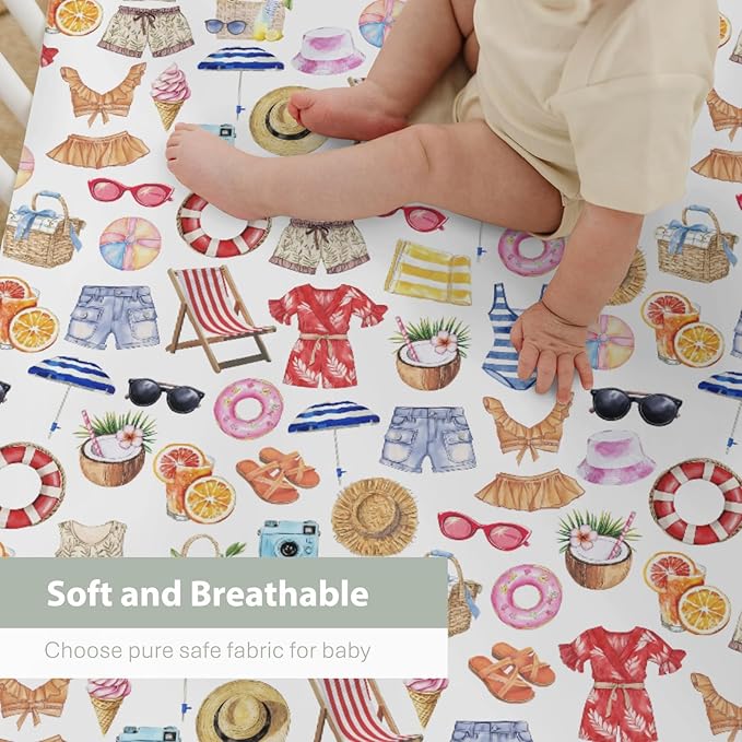Watercolor Girl Beach Days Baby Crib Sheets for Boy Girl 52x28Inch Summer Seaside Soft Stretchy Fitted Crib Mattress Cover Beach Vacation Holiday Baby Sheet for Standard Crib & Toddler Mattress Pad