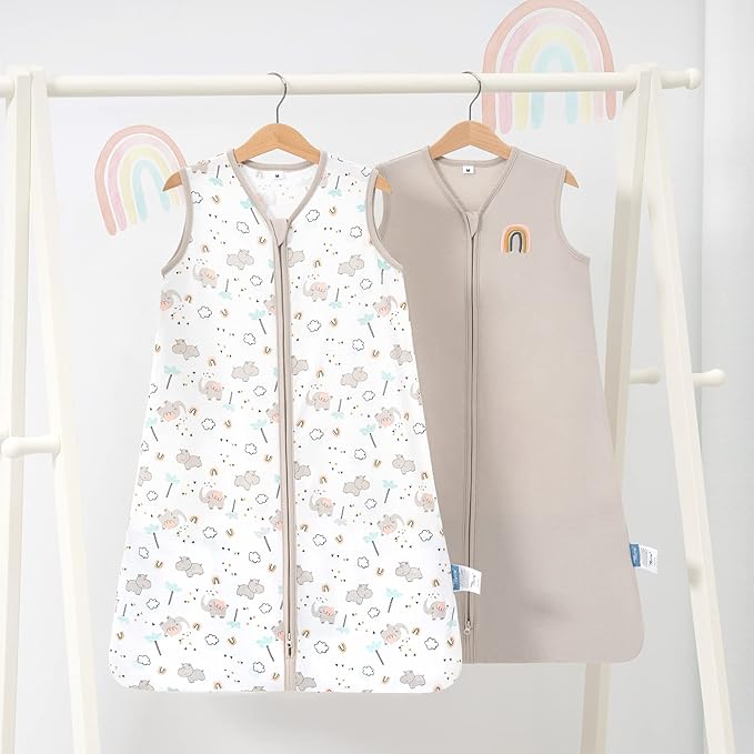 TILLYOU 2 Pack Baby Sleep Sack 12-18 Months 100% Cotton Wearable Blanket 0.5 TOG Sleeveless Summer Sleep Sacks with 2-Way Zipper, Happy Forrest & Nude