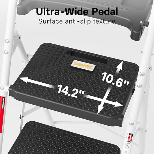 BONTEC 4-Step Ladder, 400lbs Max Load, Folding Step Stool with Tool Tray, Anti-Slip Pedals, Sturdy Steel, Lightweight Portable Ladder with Handrail for Home & Work Use, White