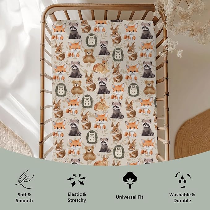 Vintage Animals Boho Floral Baby Crib Sheets for Boy Girl 28"x52" Bear Raccoon Deer Rabbit Hedgehog Leaves Soft Snug Fitted Crib Mattress Cover Baby Sheet for Standard Crib & Toddler Bed Mattress