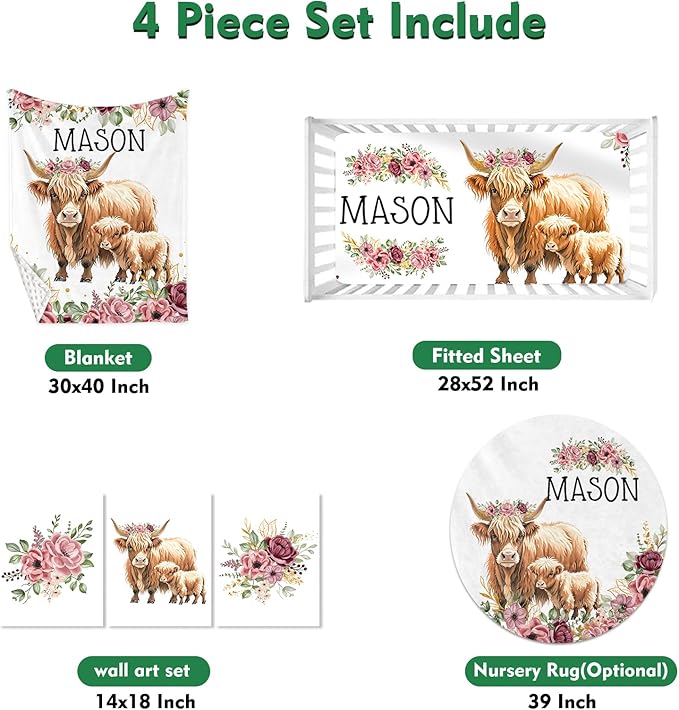 Personalized Baby Crib Bedding Set: 4 Piece Custom Flower Highland Cow Crib Bed Set with Name, Nursery Bedding Set for Baby Girls, Newborn Boys Crib Sets, Crib Bedding Custom Gift, Crib Sheet