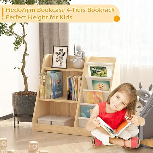HedoAjim White 3 Tier Kids Bookshelf Toddler Book Rack for Book Toy Storage Organizer Children Bookcase 4 Sling Adjustable Book Display Shelf for Nursery Playroom Kids Baby Bedroom