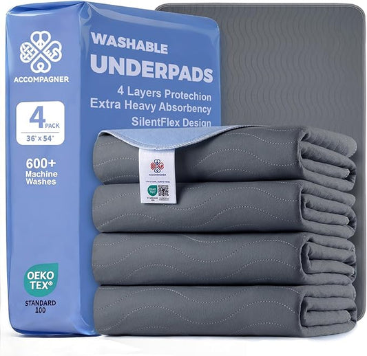 Accompagner Waterproof Reusable for Adults and Pets Washable Pee Pads for Dogs Changing Pad Large Dog Bed Size Adults Incontinence Bed Pads - Non-Slip Leak-Proof (Dark Gray, 4Pack-36" x54")