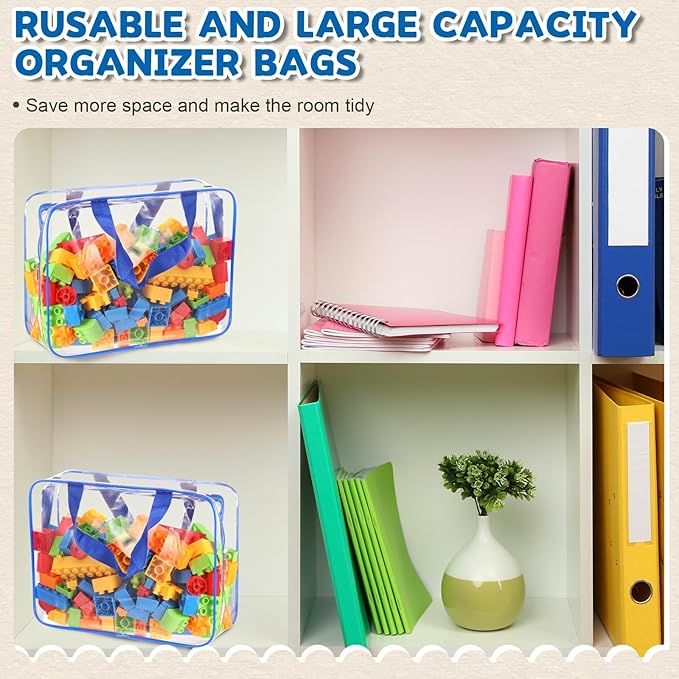 18 Packs Large Toy Storage Bags with Labels, Clear PVC Bags Travel Waterproof Kids Toy Organizer Bags with Zipper for Building Blocks Puzzle Kids Books (Blue-3 Size)