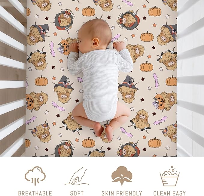 Highland Cow Halloween Baby Crib Sheets for Boy Girl Western Cowboy Fall Pumpkin Bats Soft Snug Fitted Crib Mattress Covers for 52''x28'' Standard Crib & Toddler Mattress Spooky Farm Animal Bed Sheet