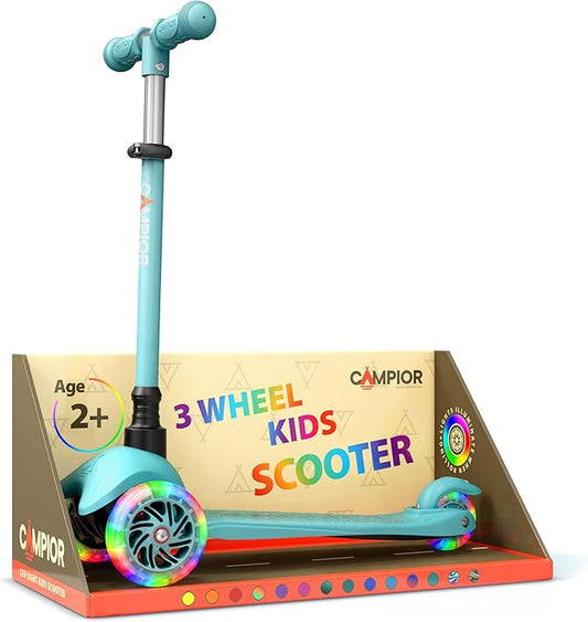 Teal Mini 3 Wheel Scooter for Kids – Lean-to-Steer Kick with LED Light-Up Wheels, Adjustable Handlebar, Wide Anti-Slip Deck, Smooth PU Wheels, Rear Foot Brake – Suitable for Ages 2+