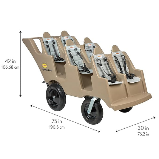 Angeles Bye Bye Buggy 6 Passenger Stroller, Sturdy Daycare Stroller with Fat Tires, Easy-to-Fasten Safety Buckles, Parking Brake, & 360 Pivoting Wheels, Tan