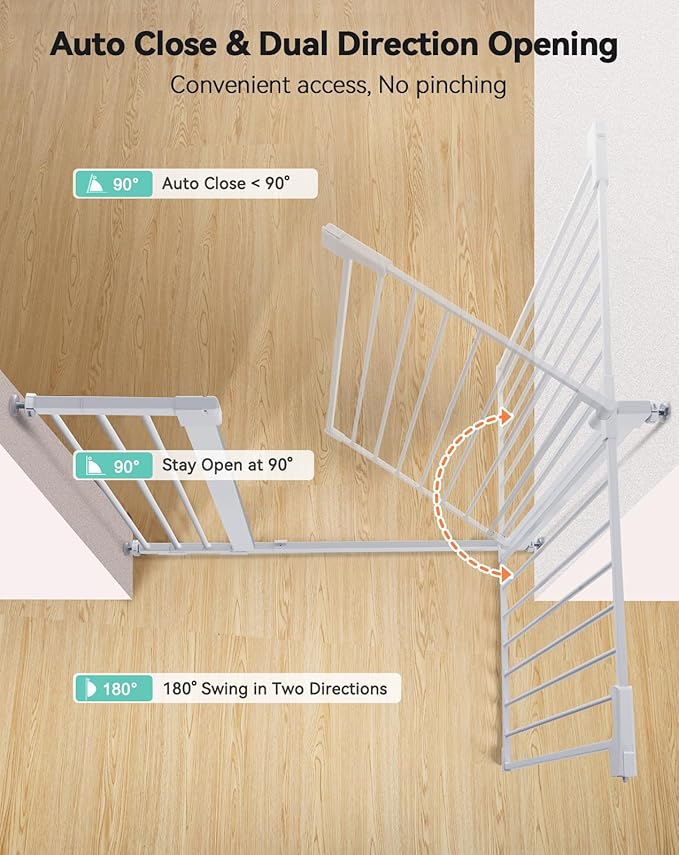 COMOMY 36" Extra Tall Baby Gate for Stairs Doorways, Fits Openings 29.5" to 46" Wide, Auto Close Extra Wide Dog Gate for House, Pressure Mounted Easy Walk Through Pet Gate with Door, White