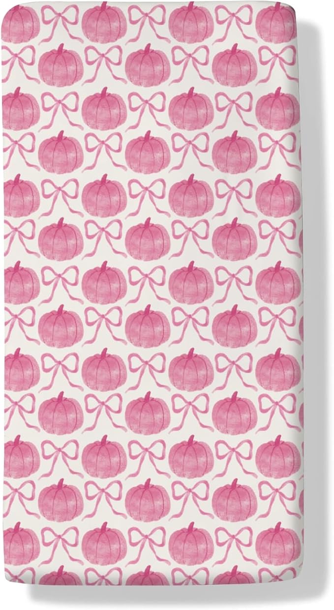 Fall Pumpkins Pink Bows Baby Crib Sheets Vintage Autumn Pumpkins Baby Sheet Thanksgiving Harvest Fitted Crib Mattress Cover for Standard Crib and Toddler Mattress 28"x52"