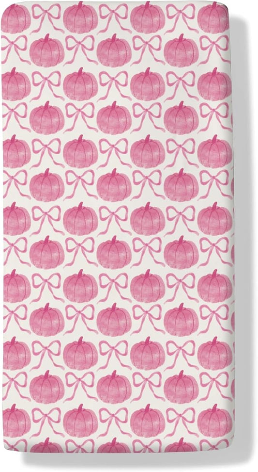 Fall Pumpkins Pink Bows Baby Crib Sheets Vintage Autumn Pumpkins Baby Sheet Thanksgiving Harvest Fitted Crib Mattress Cover for Standard Crib and Toddler Mattress 28"x52"