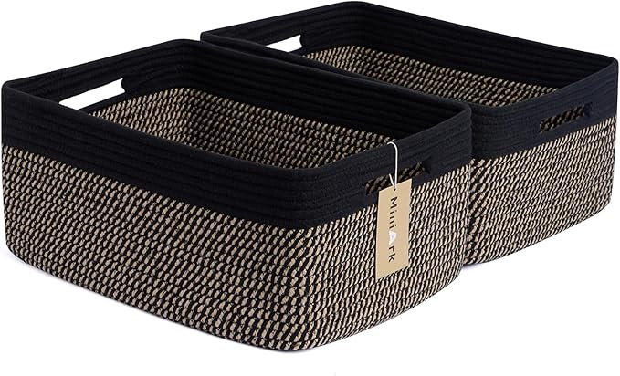 MiniArk Large Storage Baskets for Shelves, Closet Organizers Bins for Clothes Blanket Towels, Baby Nursery, Toy Baskets Box, Woven Rope Baskets, 17 x 13 x 7.5”, 2 Packs Woven Brown