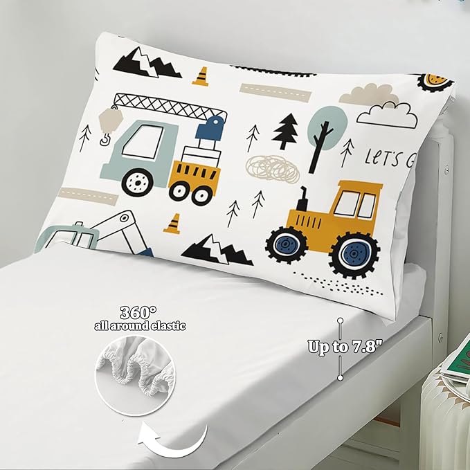 Toddler Bedding Set for Boys - 4-Piece Truck Bedding Comforter Set for Kids, Soft Comfort Construction Vehicle Bedding Includes Flat Sheet, Fitted Sheet, Comforter, Pillowcase