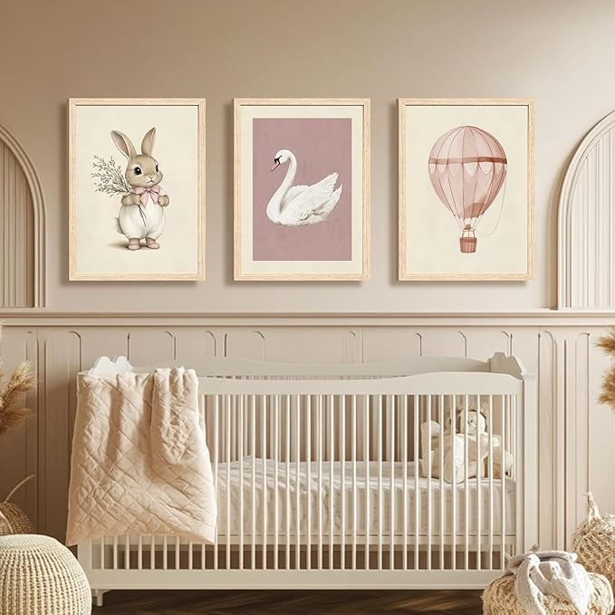 Hianan Pink Baby Girl Nursery Wall Decor Cute Bunny Wall Art Cozy Rabbit Canvas Artwork Elegant Swan Poster Prints Vintage Hot Air Balloon Painting Prints for Kid's Room Baby Room Wood Framed 12"x16"x3