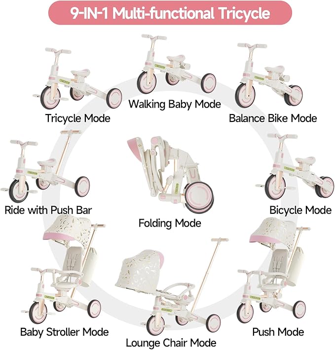 WinHope 9-in-1 Push Tricycle for Toddlers 1-3 Years | Convertible Kids Trike with Adjustable Parent Handle & Safety Harness, Lightweight Foldable Design + Storage Basket for Boys & Girls (Pink)