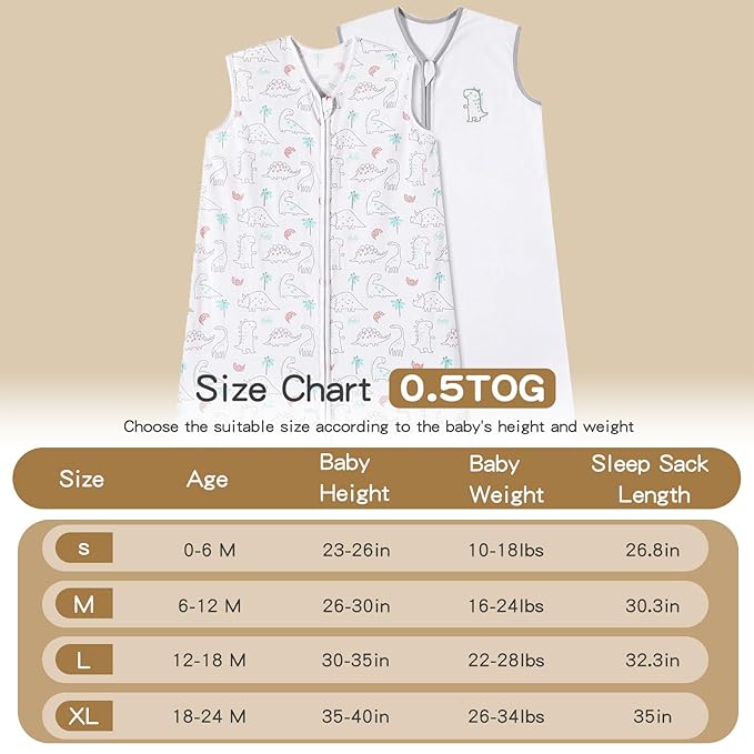 TILLYOU 2 Pack Baby Sleep Sack 12-18 Months 100% Cotton Wearable Blanket 0.5 TOG Sleeveless Summer Sleep Sacks with 2-Way Zipper, Woodland Dinosaurs
