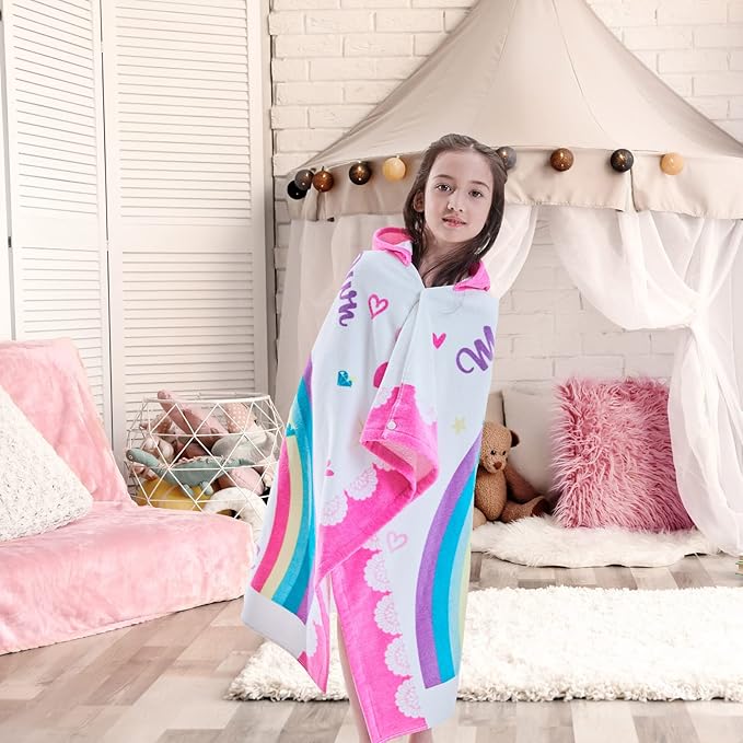 VOOVA & MOVAS Kids Towels with Hood Age 3-8, 30''X50, Soft | Thick | 100% Cotton | Absorbent | Large Wrap| Cover Up, Perfect for Beach, Pool, Bath, Swim, White Magic Unicorn