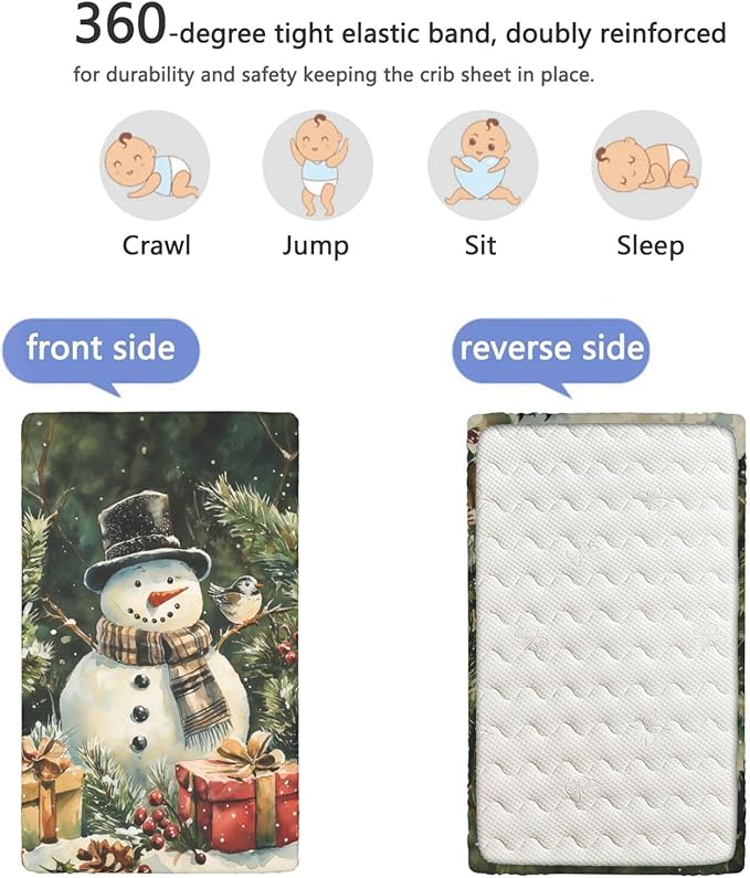 Christmas Theme Fitted Crib Sheet,Woods Snowman and Bird Print Pattern,Standard Crib Mattress Fitted Sheet Ultra Soft Material - Great for Boy or Girl Room or Nursery,28“ x52“,Green