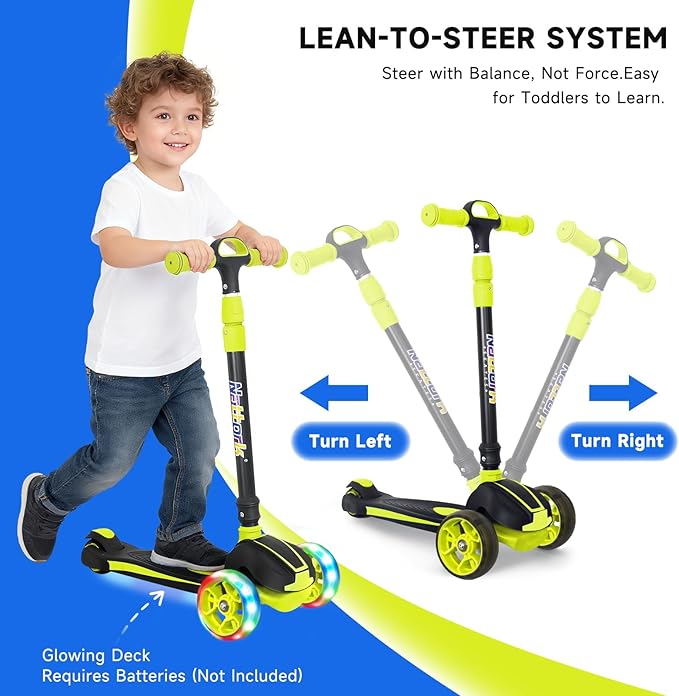 Nattork Kids Scooter for Age 3-8, Toddler Scooter with 4 Adjustable Height for Boys & Girls, Light Up 3-Wheels Foldable Kick Scooter, Lean to Steer, 120LB Weight Capacity