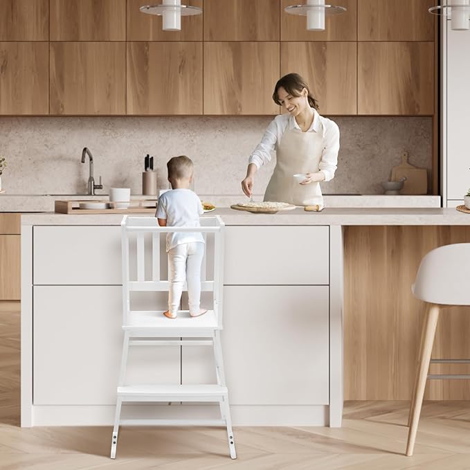 COSYLAND Toddler Standing Tower with Stabilizing Legs - Bamboo Kids Kitchen Step Stool for Learning Cooking (White)