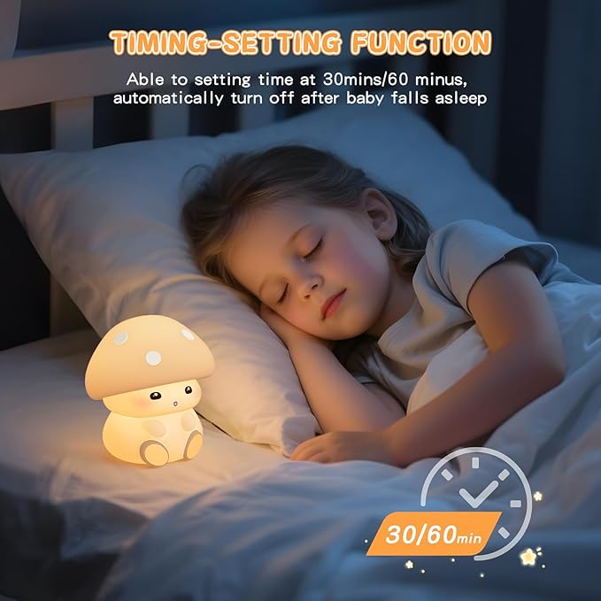 ICARER FAMILY Mushroom Night Light, White Silicone Night Lamp, Touch Control with 30/60 min Dimmble, 3 Brightness Levels, 7 Color Changing, LED Night Lights, USB-C Rechargeable, Gifts for Girls Boys