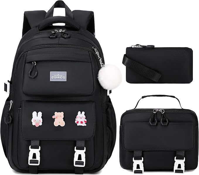 DIGOBAY 3PCS Girls Backpack for School, Kids Backpack for Girls with Lunch Box Pencil Case Set for Teen Girl Elementary Primary Middle High College School Bookbag with Cute Pins (Black)