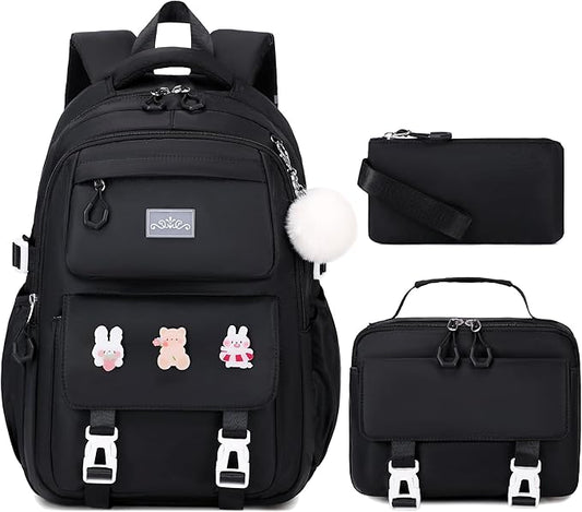DIGOBAY 3PCS Girls Backpack for School, Kids Backpack for Girls with Lunch Box Pencil Case Set for Teen Girl Elementary Primary Middle High College School Bookbag with Cute Pins (Black)