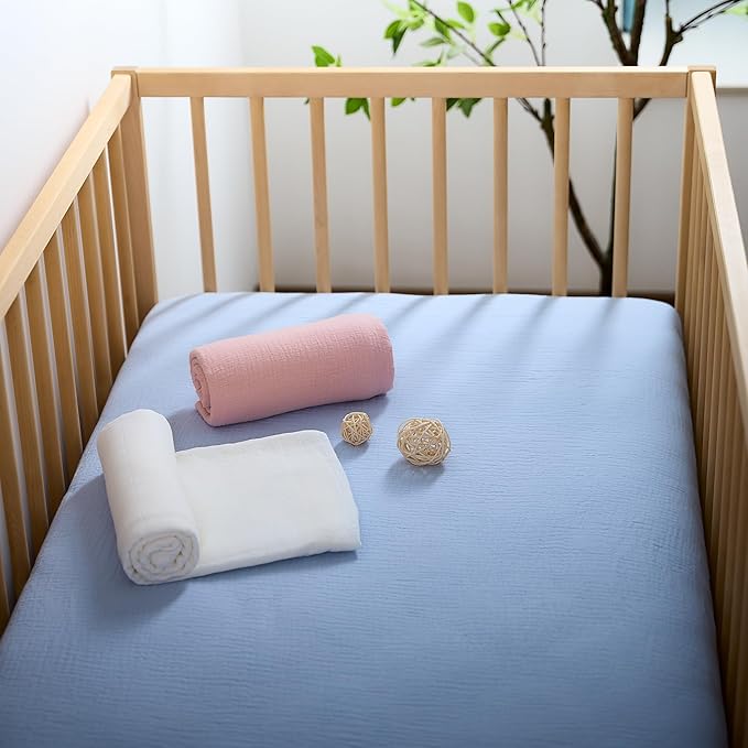 Meracorallo Muslin Crib Sheet, 100% Cotton Fitted Crib Sheet 28x52 Soft and Breathable Baby Boys Girls Cover for Standard Crib and Toddler Mattresses, Sky Blue