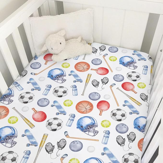 Watercolor Sport Baby Crib Sheets for Boys Soccer Basketball Baseball Golf Tennis Soft Snug Fitted Crib Mattress Covers for 52''x28'' Standard Crib & Toddler Mattress Boys Sports Lovers Gift Bed Sheet