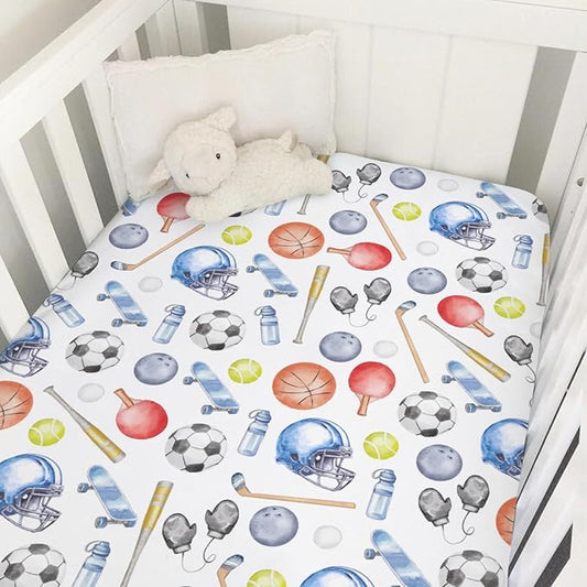 Watercolor Sport Baby Crib Sheets for Boys Soccer Basketball Baseball Golf Tennis Soft Snug Fitted Crib Mattress Covers for 52''x28'' Standard Crib & Toddler Mattress Boys Sports Lovers Gift Bed Sheet