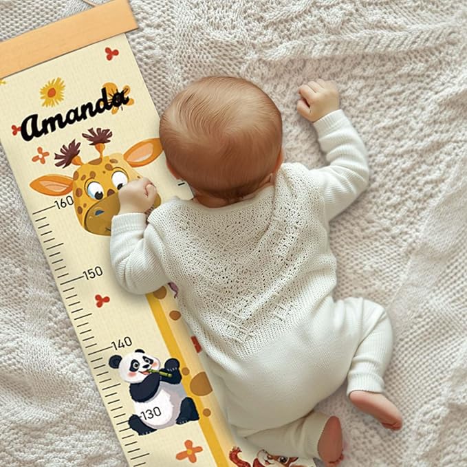 Woodemon Customize Name Growth Chart Wall, Funny Giraffe Premium Canvas Removable Height Chart for Kids, Height Measurement for Wall, Unisex Kids Room Wall Decor, Measuring Height Charts