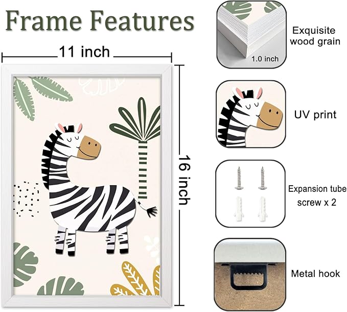 Cute Zebra Lion Giraffe Quote Framed Wall Art Set of 3, 11x16 Boho Educational Animal Wall Sign for Baby Girl Kid Boy Toddlers, Wooden Inspirational Nursery Wall Decor White