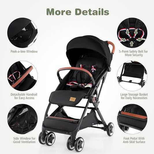 BABY JOY Lightweight Baby Stroller, Compact Toddler Travel Stroller for Airplane, Infant Stroller w/ 5-Point Harness, Adjustable Backrest/Footrest/Canopy, Storage Basket, Easy One-Hand Fold (Black)