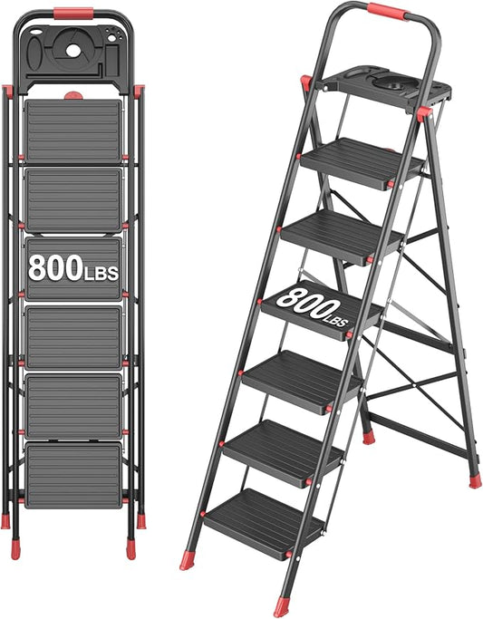 6 Step Foldable Step Ladder with Mutifunctional Tool Tray, Platform Ladders Stepstools, Step Stool 6 Step Folding with Non-Slip Pedals, 800lbs Bearing Capacity for Adults, Home, Kitchen, Black Red