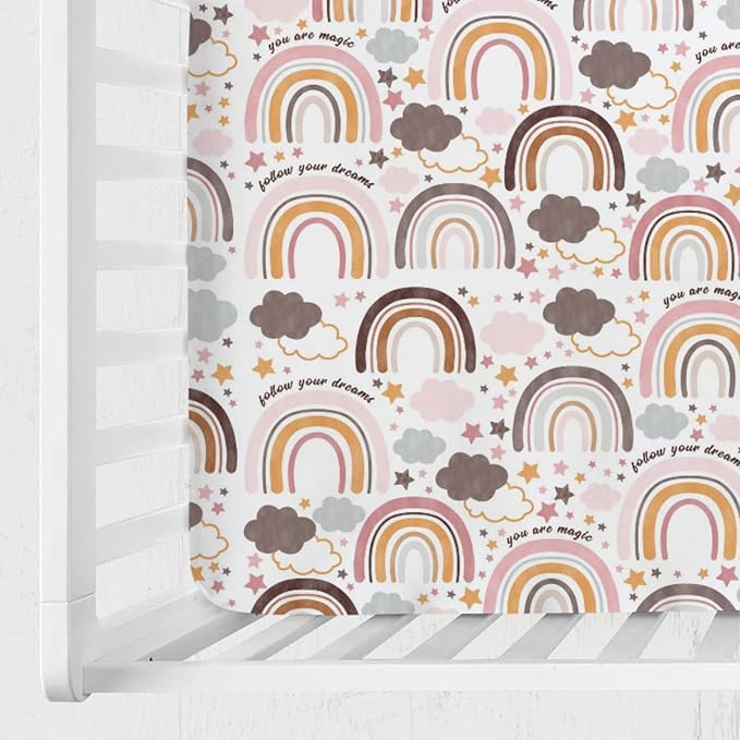 Colorful Boho Rainbow Baby Crib Sheet 52''x28'' Cute Rainbow Clouds Stars Fitted Crib Mattress Cover for Boy Girl Soft Bed Sheet for Standard Size Crib and Toddler Mattresses
