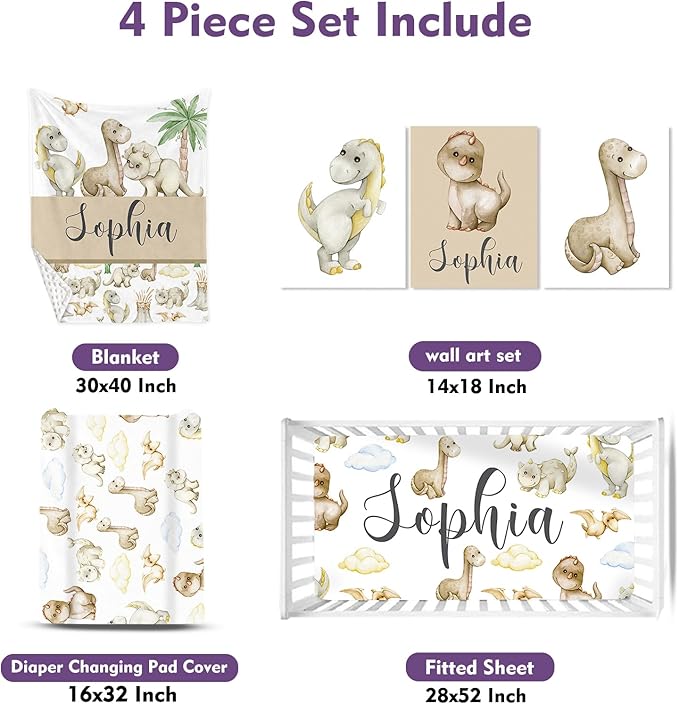Personalized Baby Crib Bedding Set: 4 Piece Custom Gift Crib Bed Set with Name - Cute Dinosaur Theme,Nursery Bedding Set for Baby Girls Crib,Newborn Boys Crib Sets, Crib Bedding Shower Gifts
