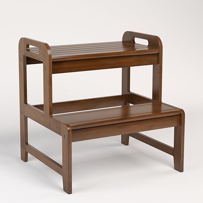BALANBO Step Stool for Kids Bamboo Toddler Two Steps Stool with Anti-Slip and Handles Stairs 300 lbs Capacity for Bathroom Kitchen Bedroom(Brown)