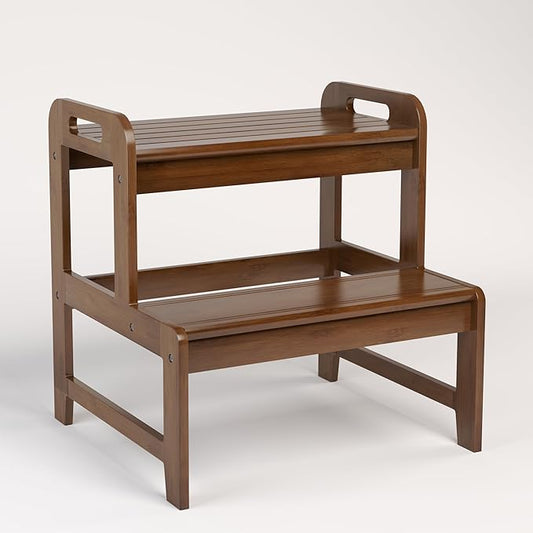 BALANBO Step Stool for Kids Bamboo Toddler Two Steps Stool with Anti-Slip and Handles Stairs 300 lbs Capacity for Bathroom Kitchen Bedroom(Brown)
