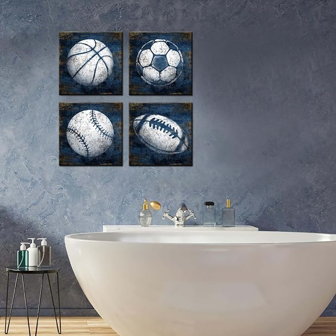 KLVOS Navy Blue Sports Wall Art Décor Basketball Baseball Soccer Football Canvas Art Prints Sport Balls Picture for Man Cave Kids Teenagers Boy Room Decor 12x12inchx4 Piece