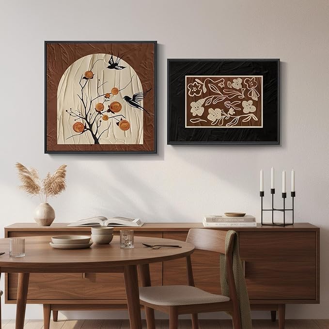 Framed Vintage Set of 2 Bedroom Wall Art, Black & Brown Bird Floral Canvas Artwork for Living Room Walls, Rustic Elegant Chinoiserie Pictures Prints for Dining Room Office Wall Decor, 24x24 & 24x18 In