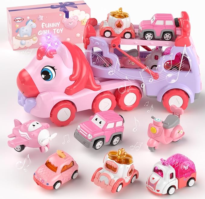 Toys for 2 3 Year Old Girl Truck, 7-in-1 Girl Carrier Truck Car with Light & Sound, Toddler Girl Car Toys Age 2-4, Cars for 2+ 3+ Year Old Girls Birthday