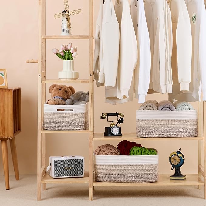 MiniArk Large Storage Baskets for Organizing, Closet Shelf Baskets for Clothes Blanket Towels, Baby Nursery, Toy Bins Box, Woven Rope Baskets, 17 x 13 x 7.5”, 4 Packs Gradient Brown
