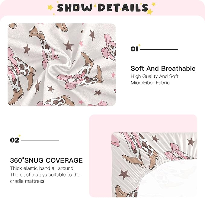 Bows Cowgirl Boots Western Crib Sheets Soft Breathable Fitted Baby Crib Sheets Mattress Cover for Girl Boys, 52" x 28" x 9"
