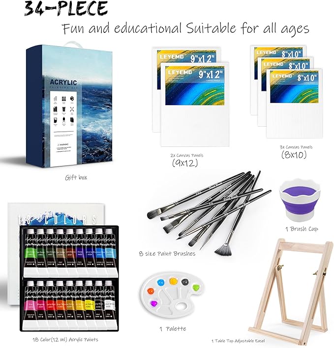 LEYEMO Acrylic Paint Set for Kids, Art Supplies Painting Kit with18 Acrylic Paints, 5 Canvas, 8 Paint Brushes, Easel, Palette ETE, Paint Set Gifts for Adults & Artist