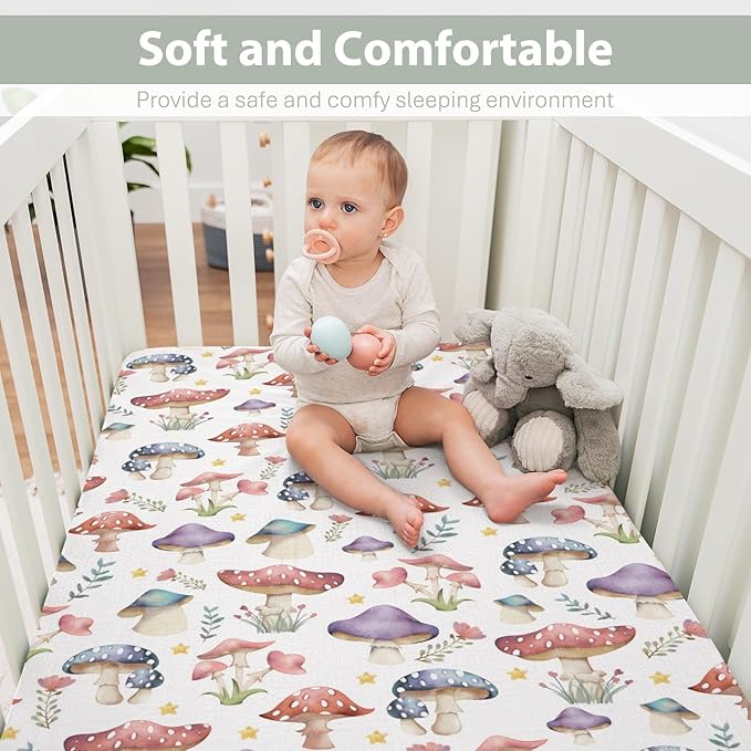 Fairytale Mushroom Baby Crib Sheets for Boy Girl 52x28Inch Colorful Mushrooms Floral Leaves Soft Snug Fitted Crib Mattress Cover Magical Plant Baby Sheet for Standard Crib & Toddler Bed Mattress