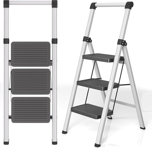 3 Step Ladder, DIAMONDFORGE Folding Step Stool with Wide Anti-Slip Pedal, Anti-Slip Feet and Handgrip, Sturdiest Steel Construction, Steel Ladder for Home, Black Grey