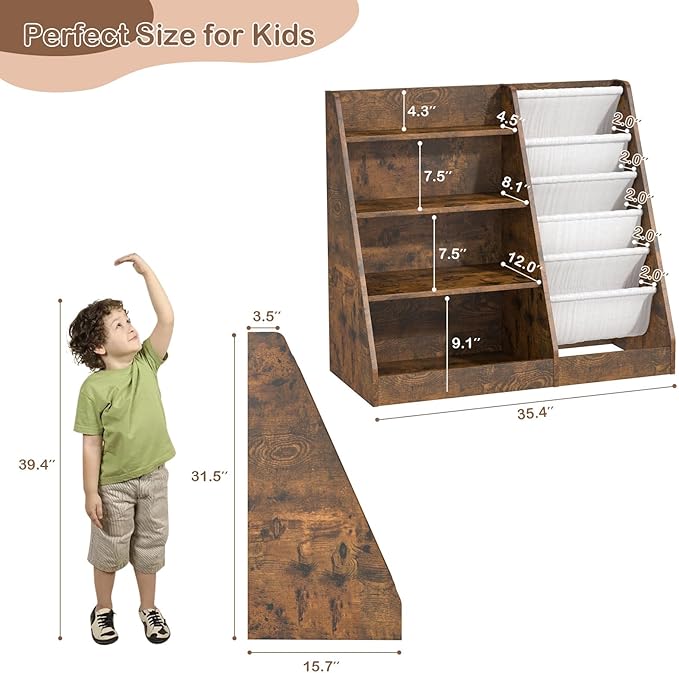 HedoAjim Kids Bookshelf for Bedroom Toddler Children Baby Bookcase 4-Tier for Nursery Book Toy Storage Organizer 5 Sling Book Display Shelf Book Rack Wood Classroom Playroom Rustic Brown
