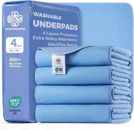 Accompagner Waterproof Reusable for Adults and Pets Washable Pee Pads for Dogs Changing Pad Large Dog Bed Size Adults Incontinence Bed Pads - Non-Slip Leak-Proof (Blue, 4Pack-36" x36")