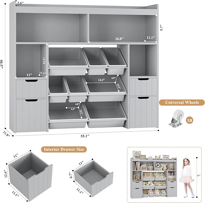 HORSTORS 55" W Toy Storage Organizer with Drawers, Large Kids Toy Storage Box with Removable Bins, Tall Kids Bookshelf and Bookcase for Boys and Girls, Modern Toy Chest for Playroom, Classroom, Grey