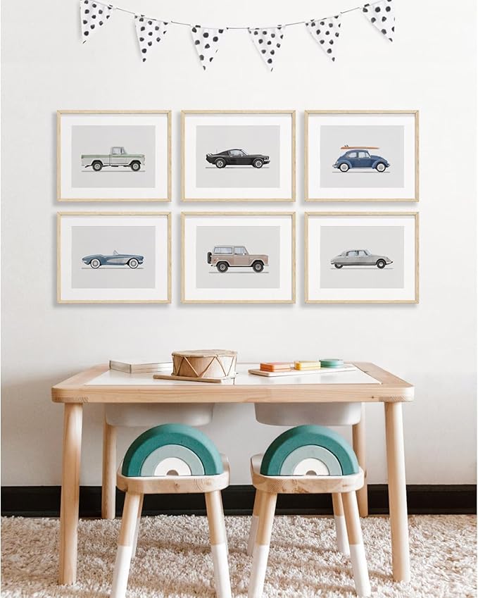 Blue Car Wall Art Decor Boys Room Wall Art Vintage Cars Canvas Poster Pictures Toddler Kids Room Prints Watercolor Vehicle Artwork Painting for Boys Bedroom Nursery 12x16 Inch Unframed Set of 6